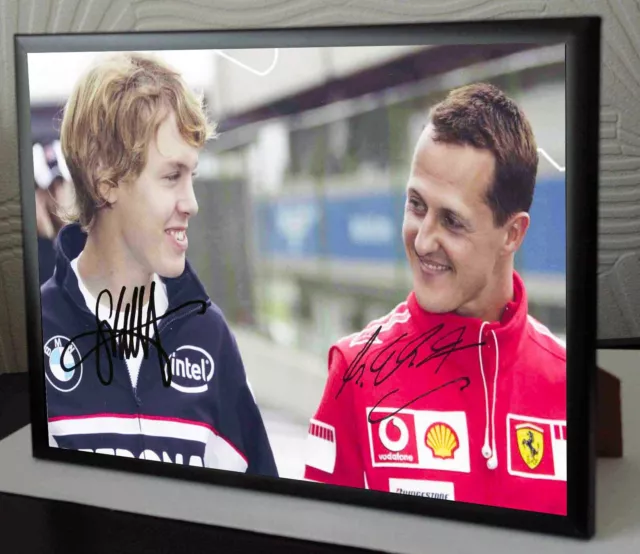 Michael Schumacher & Seb Vettel Signed Canvas Tribute Black Framed   "Great Gift