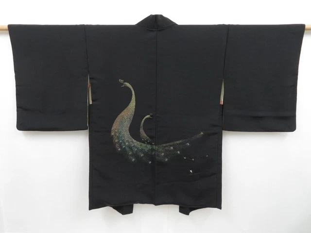 3126T15z540 Vintage Japanese Kimono Silk HAORI Peacock Black