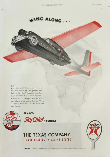 1947 Texas Texaco Sky Chief Gasoline Vintage Ad Wing along