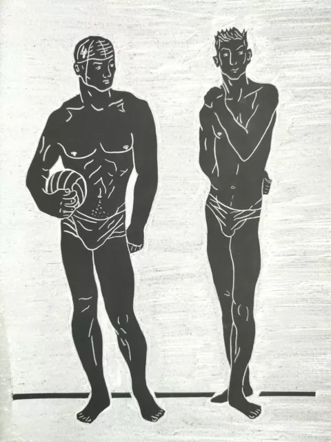 Swimmers, original scratch paper illustration, man male nude gay 2