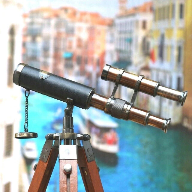 Brass Antique Nautical Telescope Double Barrel W/ Wooden Tripod Stand Home Décor