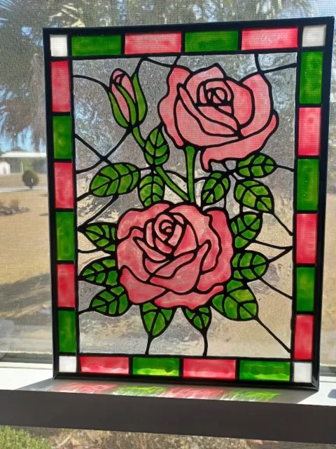 Pink Roses Stained Glass Window Panel Hand Painted