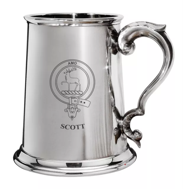 Scott Family Crest Polished Pewter 1 Pint Tankard with Scroll handle