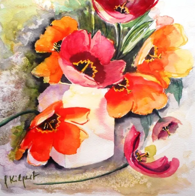 Aquarell Original "geöffnete Tulpen" REGENBOGEN-ART 24x24 Blumen Gemälde