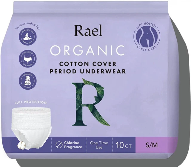 Ropa interior de período cubierta de algodón orgánico Rael - almohadilla estilo panty, S/M, 10 unidades