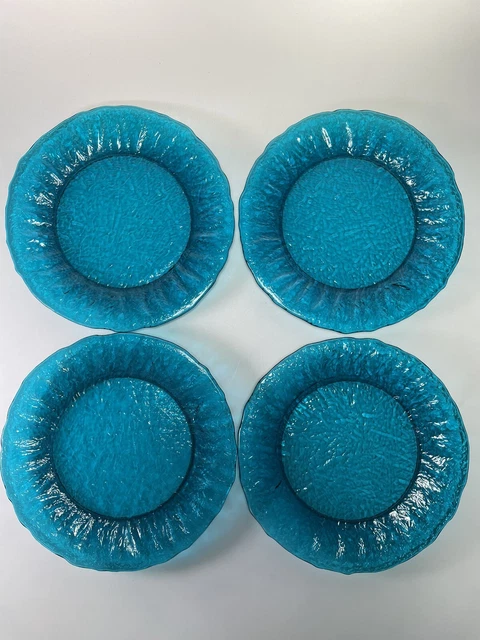 4 Peacock Blue Crinkle Glass Morgantown Seneca Salad Plates 7 1/2 In.