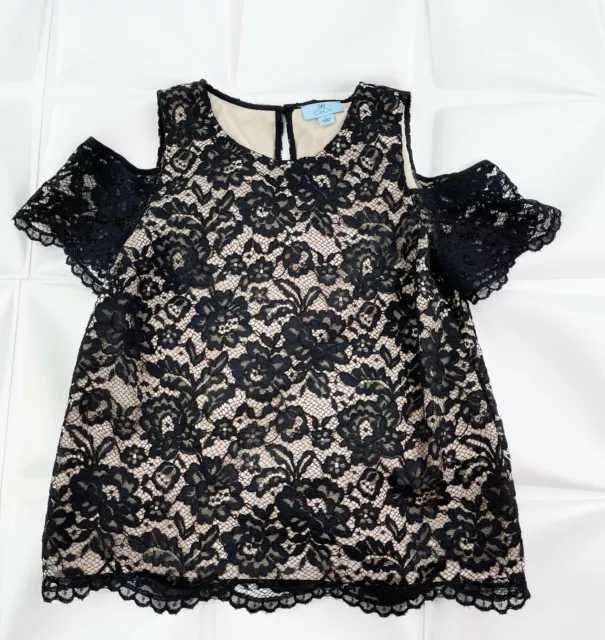 CeCe Sz S Black Scalloped Lace Overlay Cold Shoulder Blouse Top Womens