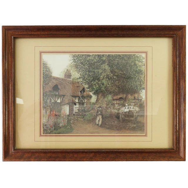Vintage Framed Print Art, English Village Cottage Landscape Scene, Man & Cart
