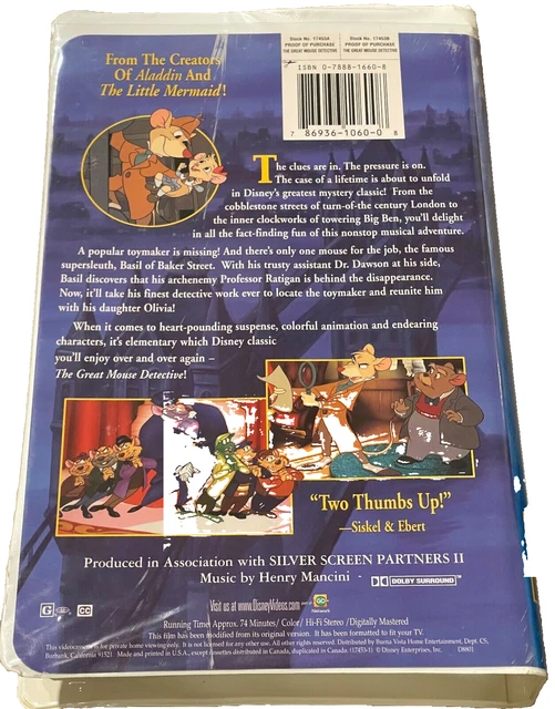 DISNEY'S THE GREAT Mouse Detective 1999 Animated VHS Clamshell Video ...