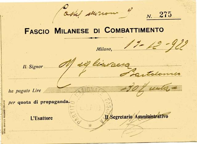 ricevuta FASCIO MILANESE DI COMBATTIMENTO del 1922 ricevuta FASCIO MILANESE DI COMBATTIMENTO del 1922