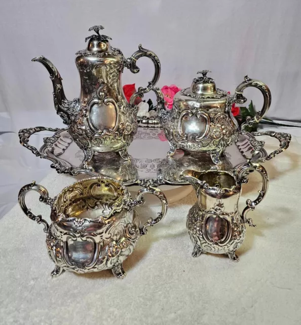 1861 Sterling Silver Antique Tea Set 4 Pieces + Tray Edward & John Barnard- READ