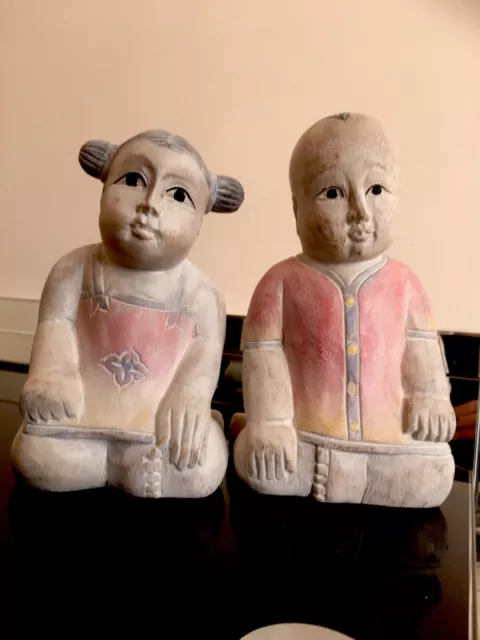 Pair Vintage Chinese Carved Wood Lucky Baby Boy Girl Son Daughter Art Figures