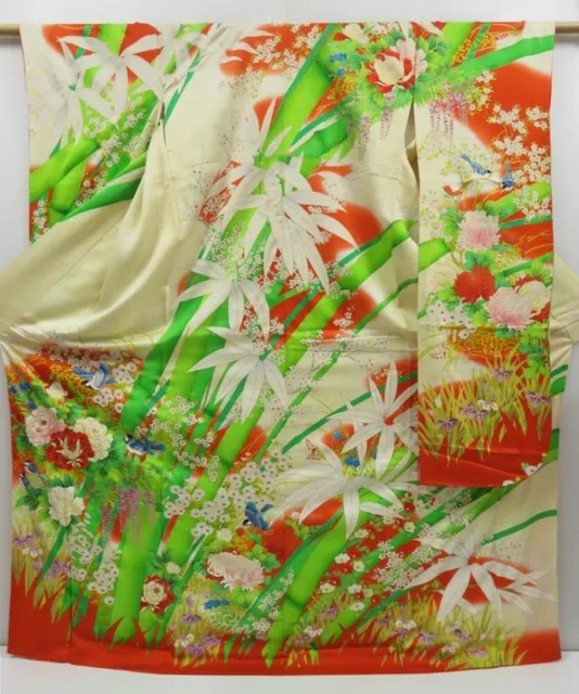 2803T05z1090 Vintage Japanese Kimono Silk FURISODE Bamboo
