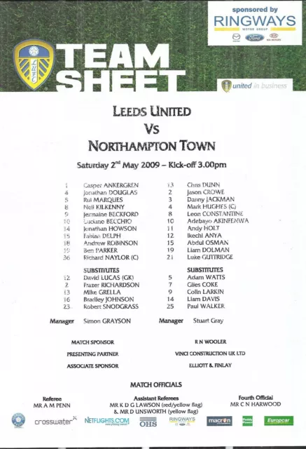 Official Coloured Team-Sheet Leeds United v Northampton Town 08/09 Season