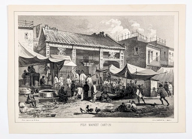 1856 Market Canton China Guangzhou Lithograph Hand-Colored Wilhelm Heine