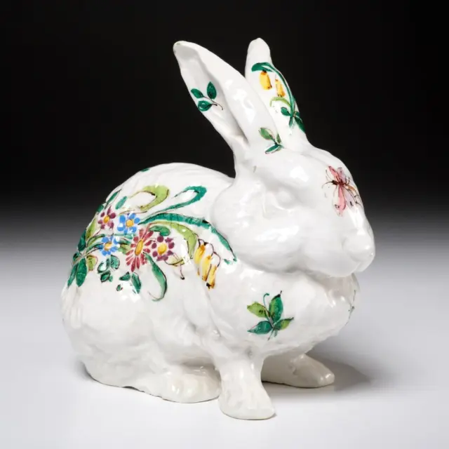 Ugo Zaccagnini Italian Ceramic Floral on White Bunny Rabbit Figurine Vintage