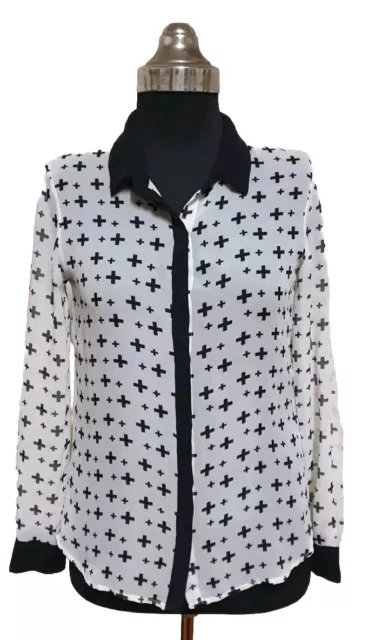 SPORTSGIRL Semi-Sheer Button Up SHIRT Black & White Contrast Trim Sz 6 - 6/8/10