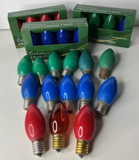 36 Vintage NOS C9 Christmas Bulbs 7 Watt 9 Green 10 Blue 7 Red Lot Of 36