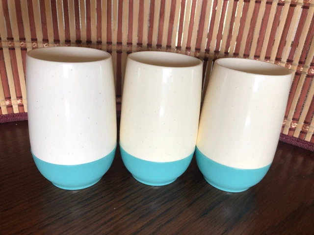 3 small Vintage MCM Vacuum Tumblers Bopp Decker Turquoise & White VACRON USA