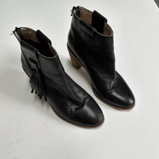 Anthropologie Seychelles Black Booties Leather Tassel Stacked Heel 7
