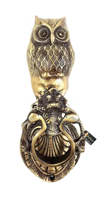 Handmade Vintage Style Owl Over Twin Peacock Ring Design Brass Door Knocker