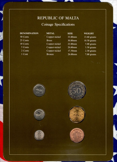 Coin Sets of All Nations Malta w/card 1972-1986 UNC 25 cents 1975 1,2 cents 1977 2