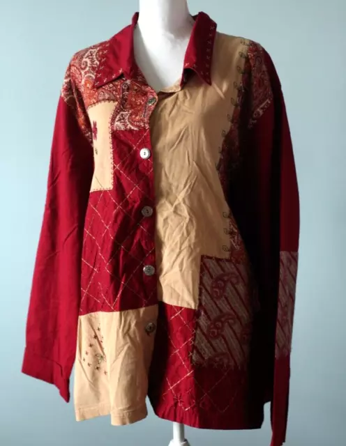 Bobbie Brooks Paisley Floral Shirt Embroider Patch Button Red Women Size 26/28W