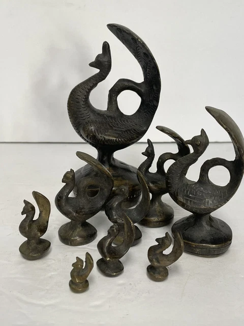 Rare Complete Set Antique Burmese Opium Bronze Weight Set Peacock Bird 9 Pc Vtg 11