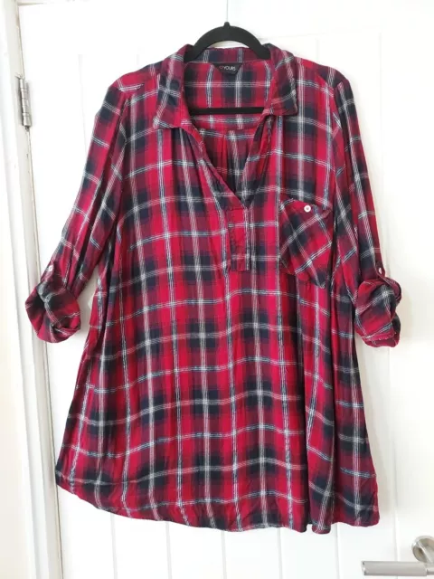 Ladies Yours Long Red/Black Checked Shirt/Blouse Roll Tab Sleeves Size 24