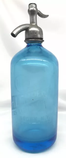 Seltzer Bottle Blue Czech Heavy Glass 26 oz Antique  H. Lempert Bronx NY