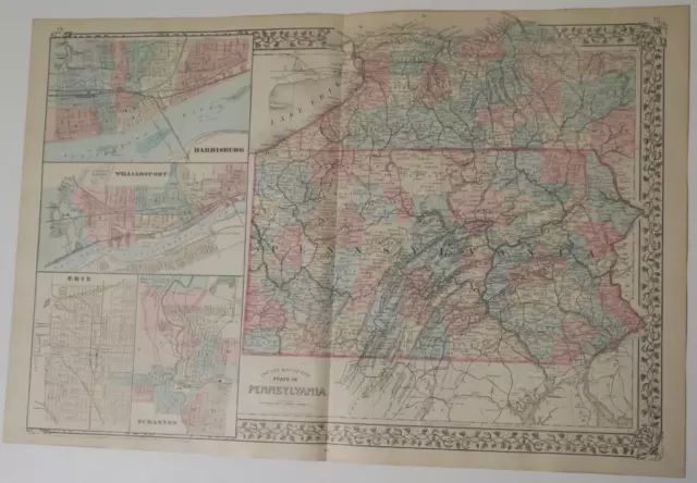 ORIGINL 1880 Mitchell's New General Atlas HAND-COLORED Map,PENNSYLVANIA & CITIES