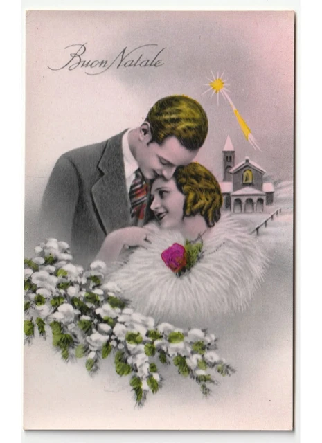 Non Viaggiata Buon Natale foto cartolina d'epoca innamorati chiesa cometa