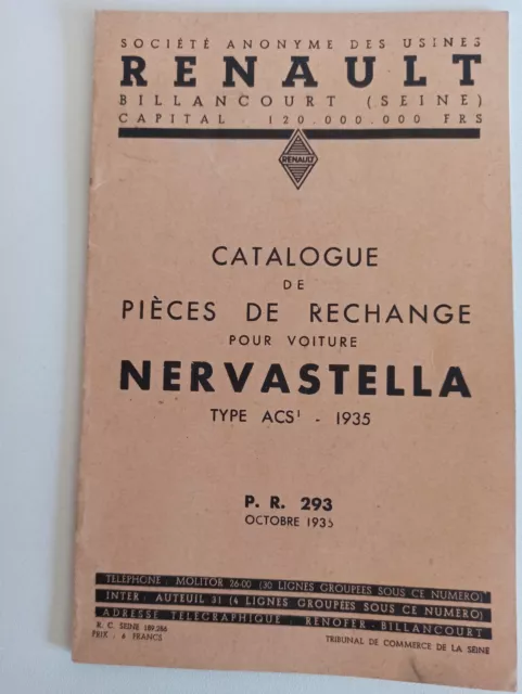 Renault -Automobile Catalogue de pièces de rechange de la Nervastella  1935 R 01