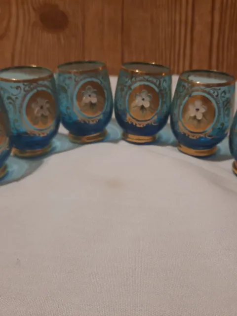 6x Blue Bohemian German Art Glass Hand Painted Shot Glasses w/Gold  Schnapps