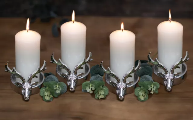 Stag Pillar Candle Holders Decoration Tealight Home Decor Silver Reindeer 4pc