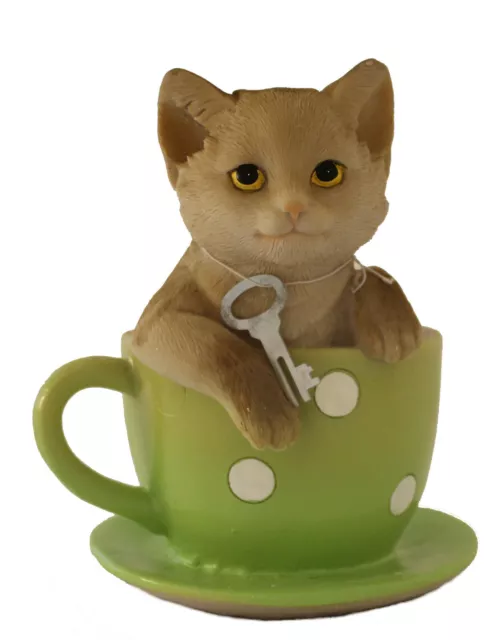 Spardose Katze in grüner Tasse mit Schlüssel Wurm (19840)