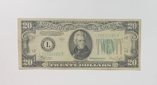 1934-C Twenty Dollar $20 Green Seal Federal Reserve Note - Old U.S. Currency