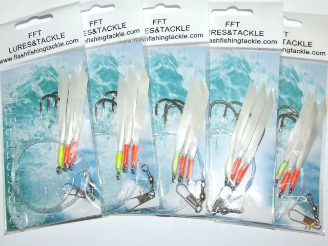 5 Pack Daylight Feather Rig 3 Hook Size 7/0 Fishing Cod Bass Mackerel Lure Hokki