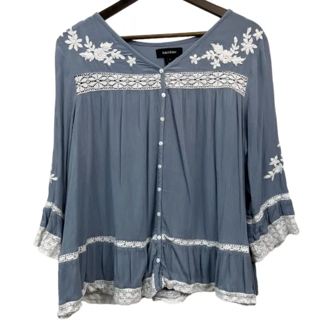 Karen Kane Women’s Floral Embroidered Lace Inset Top Cottagecore Shirt Blue Sz L
