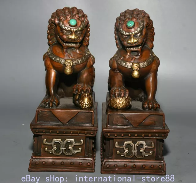 8" Old Chinese Red Copper Gilt Turquoise Feng Shui Foo Dog Luck Statue Pair