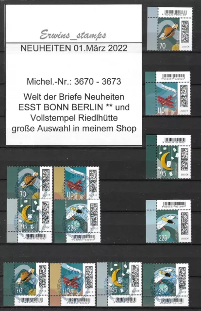 Bund 1. März 2022 Mi-Nr: 3670 - 3673 ECKEN ESST BONN BERLIN VOLLSTEMPEL **