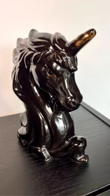 Retro Vintage Iridescent Unicorn Horse Bust Head Statue Gold & Black Porcelain