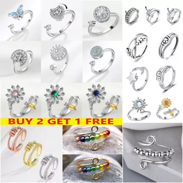 Unisex Anti Anxiety Rings Silver Adjustable Anxiety Relief Spinning Fidget Ring