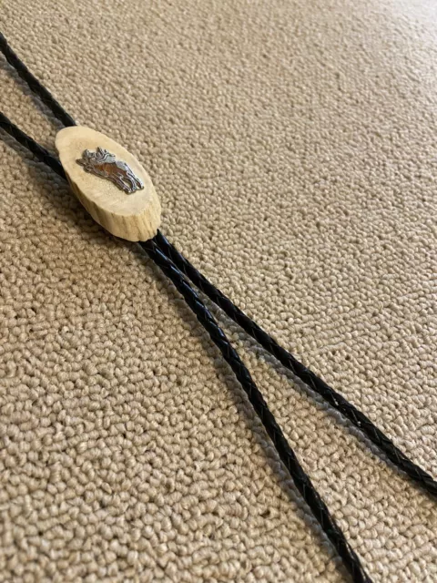 Vintage Antler Bone Braided Leather Bolo Tie metal Stag Buck medalion