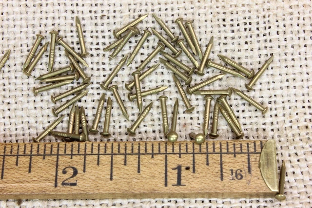 Old 3/8” Solid Brass 50 Vintage Nails Escutcheon Pins Domed Head 18 Gauge Tacks 2