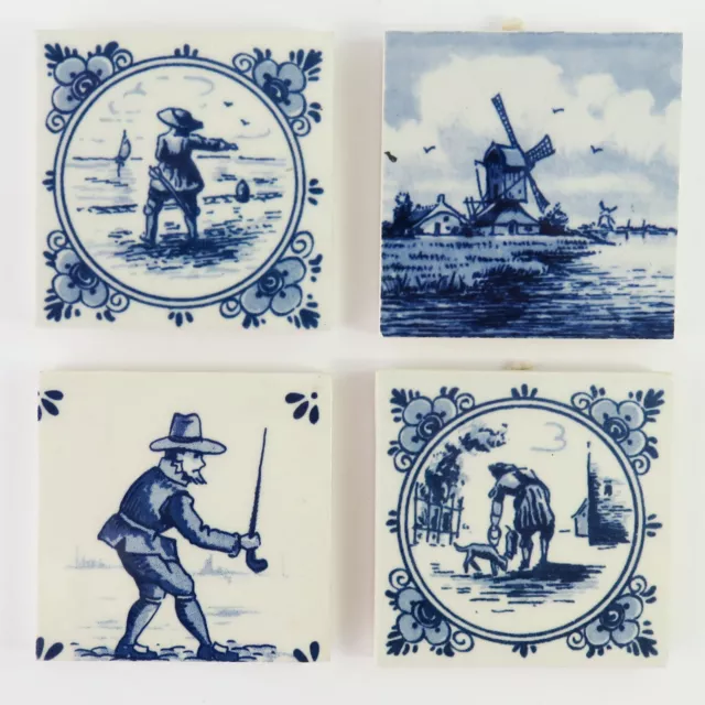 Vintage Lot of 4 Delftware Blue White Delft Hand Painted Small Tiles, Holland