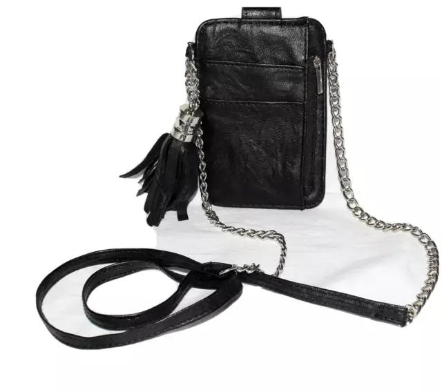 Black Faux leather Studded Large Tassel Card Holder Wallet Mini Crossbody Bag 2