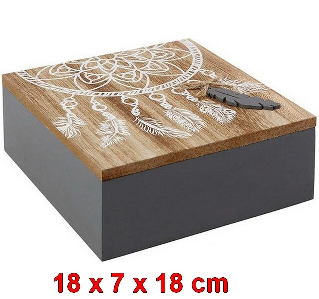 Caja decorativa de madera 18 x 7 x 18 cm gris/marrón, tapa con dibujos de plumas