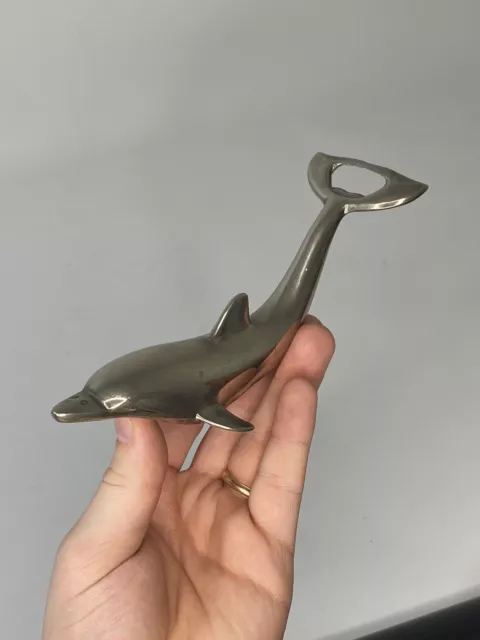 Vtg Beer Bottle Opener Figural Dolphin Metal Mid Century Beach House Bar Ware