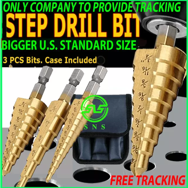 3Pcs Drill Bit Set Titanium Nitride Coated Steel Step Quick Change 1/4 Shank HSS